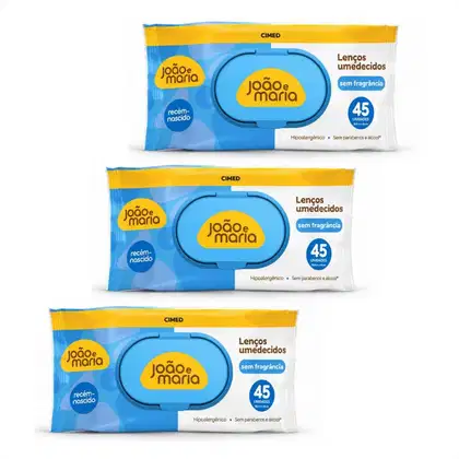 Imagem do produto Kit Cimed João e Maria Baby Recém-nascido: 3 Pacotes Lenço Umedecido 45 un cada