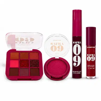 Imagem do produto Kit Jasmyne Safra 09: Paleta De Sombras + Blush Mousse Rosado, Máscara De Cílios E Hidra Gloss Frambroesa