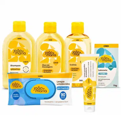Imagem do produto Kit Cimed João e Maria Baby: Shampoo 400ml, Óleo, Colonia 200ml, Sabonte Karité 75g,  Lenço Para Recém-nascido 90un e Creme Para Assaduras 40g
