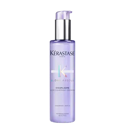 Frasco de tratamento capilar Kérastase Blond Absolu Cicaplasme, com embalagem roxa e detalhes em prata, contendo 150 ml do produto. Rótulo com informações sobre os ingredientes e benefícios do tratamento.