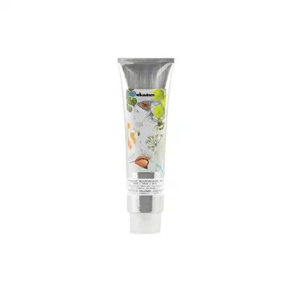Tubo de creme hidratante Davines com design gráfico colorido, contendo informações sobre o produto em rótulo branco e cinza.