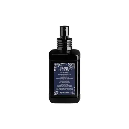 Frasco preto de 150ml da linha Heart of Glass da Davines, com rótulo azul e branco com flores, contendo fluido iluminador termo-protetor para cabelos.