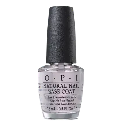 A imagem mostra o produto "O.P.I NATURAL NAIL BASE COAT", com volume de 15ml, com frasco de vidro transparente com tampa preta.