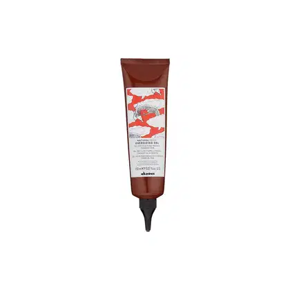 Tubo de gel energizante natural da marca Davines, com embalagem vermelha e branca, contendo 150 ml do produto. O rótulo apresenta o nome "Naturaltech Energizing Gel" e informações sobre a composição e uso do produto.