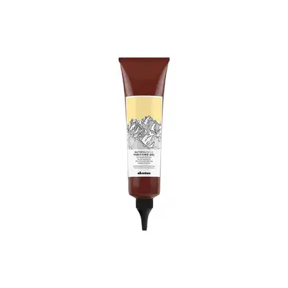 Tubo de gel purificante da linha Naturaltech da Davines, com embalagem em tons de marrom e amarelo, contendo informações sobre os ingredientes e benefícios do produto.