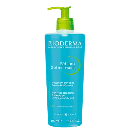 Frasco de gel espumante Bioderma Sébium, com bomba dosadora, 500 ml.