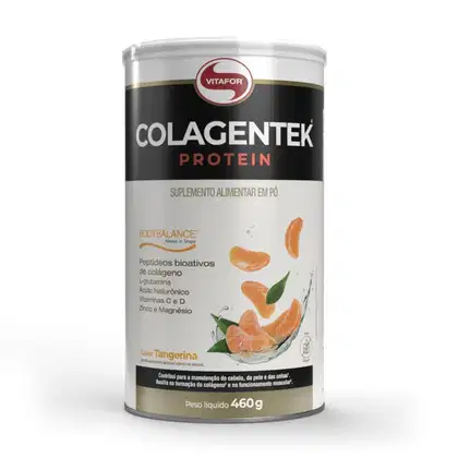 Suplemento alimentar em pó da marca Vitafor, com embalagem cilíndrica de cor preta e branca, contendo a descrição "Colagentek Protein", com sabor de tangerina.