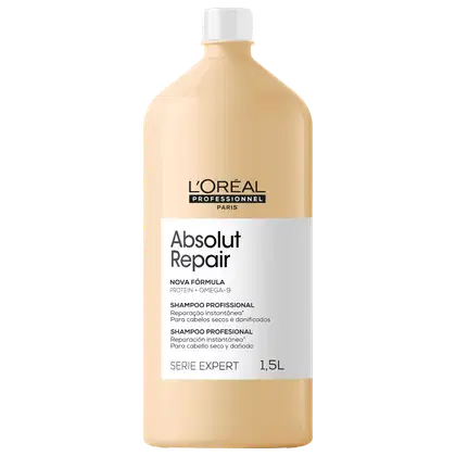 Frasco de item de perfumaria da marca L'Oreal Professionnel, com rótulo branco e amarelo claro. Contém 1,5 litros de "Absolut Repair" - um shampoo profissional para cabelos secos e danificados, com fórmula à base de proteínas e ômega-9.