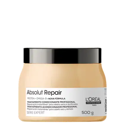 Tratamento condicionador profissional Absolut Repair da L'Oréal Professionnel, em embalagem de 500g, com fórmula à base de proteína e ômega-9 para reparação instantânea de cabelos secos e danificados.