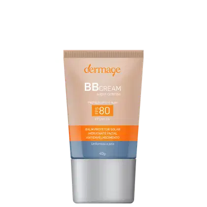 Tubo de creme facial BB da marca Dermage, com proteção solar FPS 80. Embalagem em tons de bege e laranja, com informações sobre os benefícios do produto, como hidratação e uniformização da pele.