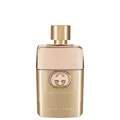 Frasco de perfume Gucci Guilty pour femme, com design elegante em tons dourados e rosados, destacando o logotipo da marca em relevo. Embalagem sofisticada e minimalista, refletindo a essência da fragrância feminina da Gucci.