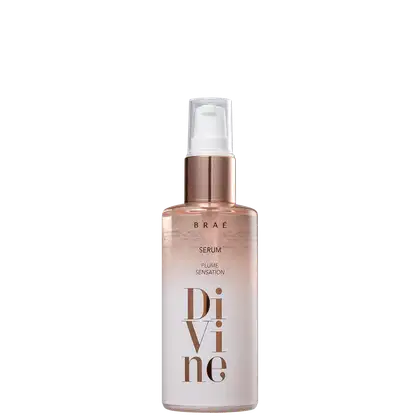 Frasco de serum da marca Braé, com embalagem de vidro e bomba de pulverização, em tons de rosa e bronze, com o nome "Divine" impresso em destaque.