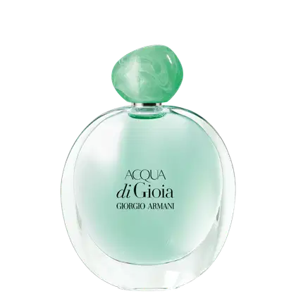 Frasco de perfume Acqua di Gioia da Giorgio Armani, com formato arredondado e tampa verde translúcida. O rótulo apresenta o nome da fragrância em destaque.