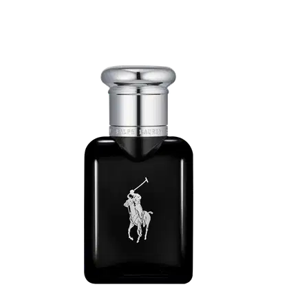 Frasco de perfume preto Polo Black da marca Ralph Lauren com tampa prateada e logotipo da marca em destaque. Embalagem elegante e minimalista em tons escuros.