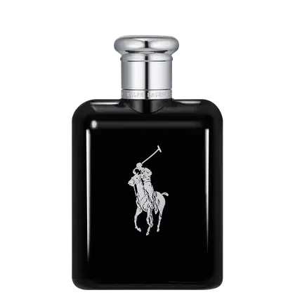 Frasco de perfume Polo Black Ralph Lauren em preto e prata, com logotipo da marca em destaque.