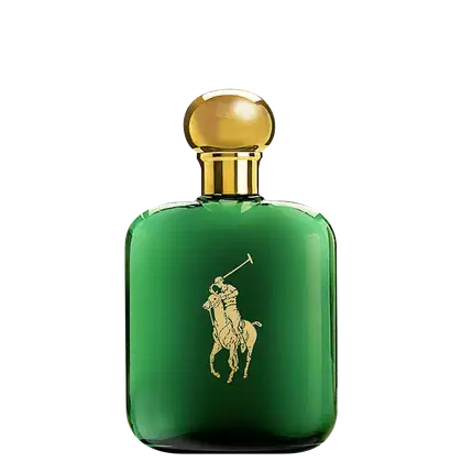 A imagem mostra um frasco de perfume verde, com tampa dourada e a logo da marca no frasco também em dourado.