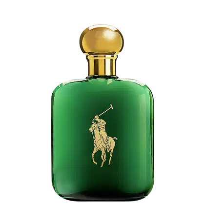 A imagem mostra um frasco de perfume verde, com tampa dourada e a logo da marca no frasco também em dourado.