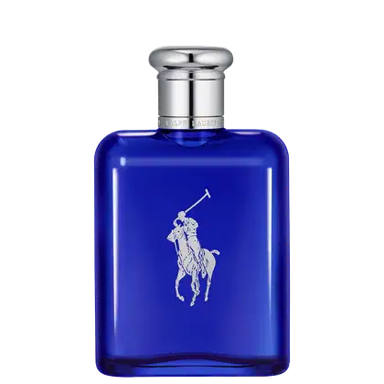 Frasco de perfume Ralph Lauren em tom azul intenso, com tampa prateada e logotipo da marca em destaque. Embalagem elegante e sofisticada, com design minimalista e moderno.