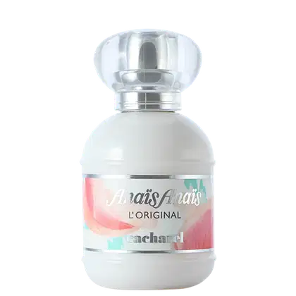 Frasco de perfume Anaïs Anaïs L'Original Cacharel, com design elegante, em tons de branco e rosa, com ilustrações florais