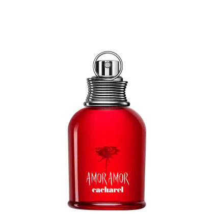 Frasco de perfume Amor Amor da Cacharel, com design moderno e elegante em vermelho brilhante. O rótulo destaca o nome da fragrância em letras brancas sobre o vidro vermelho.