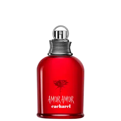 Frasco de perfume Cacharel Amor Amor, com design elegante em vermelho e prata, destacando o nome da fragrância e o logotipo da marca em destaque.
