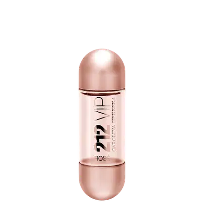 Frasco de perfume de cabelo Carolina Herrera, com design arredondado e tampa dourada, exibindo o nome "212 VIP ROSÉ" em letras pretas.