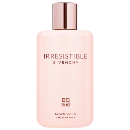 Frasco de loção corporal Irresistible da Givenchy, com embalagem rosa pálido e detalhes em metal rosé. O rótulo destaca o nome da fragrância em letras grandes.
