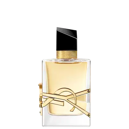 Frasco de perfume Yves Saint Laurent com design elegante e moderno. Embalagem de vidro transparente com detalhes em preto e dourado, destacando o logotipo da marca.
