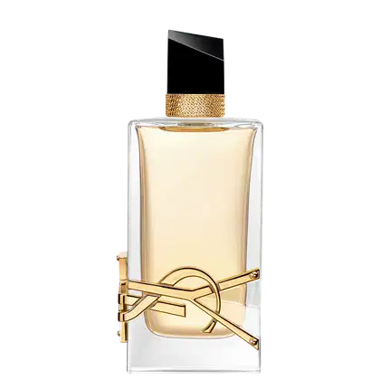 Frasco de perfume Libre Yves Saint Laurent com design elegante e sofisticado. Embalagem de vidro transparente com detalhes dourados, tampa preta e rótulo com logotipo da marca.