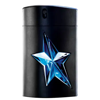 A imagem mostra um frasco de perfume masculino preto e sofisticado. Na parte da frente do frasco, destaca-se um grande e brilhante emblema na forma de uma estrela azul com refrações luminosas, aparentando ser feito de cristal ou vidro.