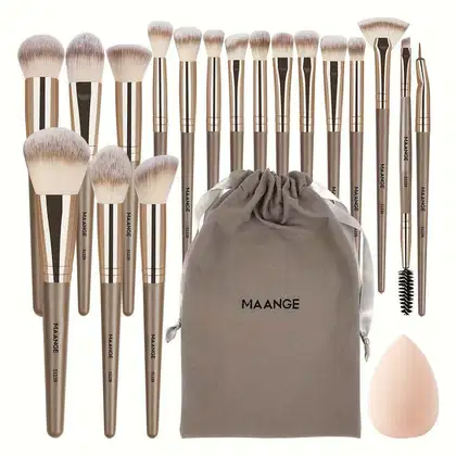 Imagem do produto Kit Profissional MAANGE 20 Pincéis de Maquiagem Bolsa Veludo e Esponja Champanhe