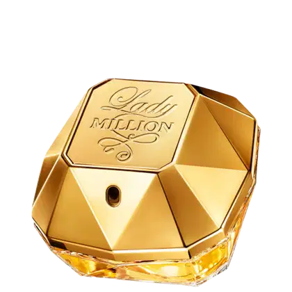 Frasco de perfume Lady Million da Paco Rabanne, com formato octogonal dourado e rótulo com texto em relevo.