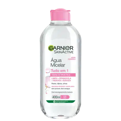 Frasco de Água Micelar Tudo em 1 da Garnier SkinActive, com 400ml de capacidade, embalagem de plástico transparente com tampa rosa e rótulo verde e branco.