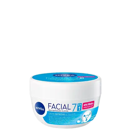 Creme facial nutritivo ultra leve da Nivea, com fórmula nova, em embalagem branca com detalhes azuis e rótulo destacando os benefícios da hidratação e maciez da pele.
