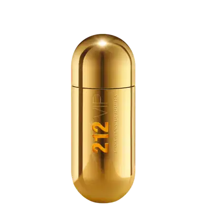 Frasco dourado em formato de cápsula com a marca "212 VIP" em destaque, representando um perfume da linha Carolina Herrera.