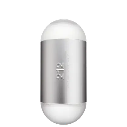 Frasco de perfume Carolina Herrera 212 em formato oval, com superfície prateada e detalhes em branco. O rótulo exibe o nome da fragrância em letras grandes.