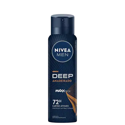 Desodorante aerossol masculino NIVEA MEN Deep Amadeirado, com embalagem azul escura e detalhes em laranja, apresentando tecnologia Maxx Tech e proteção antibacteriana por 72 horas.