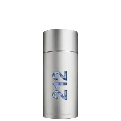 Frasco de perfume prateado da linha 212 da Carolina Herrera, com tampa e rótulo azul destacando o número "212".