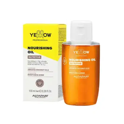 Frasco de óleo nutritivo da marca Yellow Professional, com embalagem amarela e laranja, contendo 100 ml do produto. O rótulo destaca os ingredientes à base de óleo de argan e coco para hidratação e brilho.