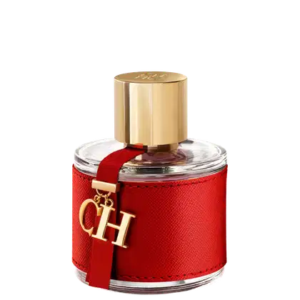 Frasco de perfume Carolina Herrera em embalagem vermelha com detalhes dourados, tampa dourada e logotipo da marca visível.