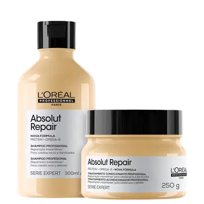 Dois produtos da linha Absolut Repair da L'Oréal Professionnel Paris: um frasco de shampoo de 300 ml e um pote de tratamento condicionador de 250 g, ambos com embalagens pretas e brancas.
