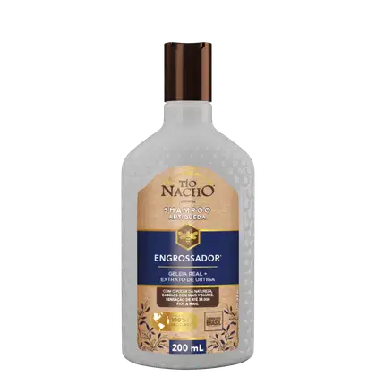 Frasco de shampoo Tío Nacho Engrossador, com 200 mL, apresentando embalagem branca com detalhes em dourado e azul, destacando ingredientes como geleia real e extrato de urtiga.