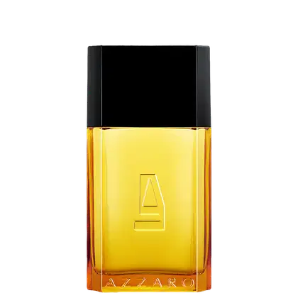 Frasco de perfume Azzaro com design geométrico em preto e amarelo, contendo líquido âmbar. Rótulo com logotipo da marca em destaque.