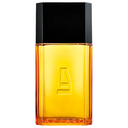 Frasco de perfume Azzaro com design retangular preto e líquido âmbar brilhante. Rótulo dourado com letra 'A' destacada. Embalagem elegante e sofisticada.