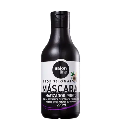 Frasco preto de 290ml da máscara matizadora preta da linha profissional Salon Line, com rótulo branco e preto destacando o nome do produto e sua função de realçar e proteger cabelos pretos naturais ou coloridos.