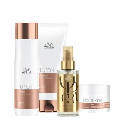 Há um shampoo e um condicionador da linha Fusion. Também está presente um óleo de brilho luminoso da linha Oil Reflections, em um frasco transparente com tampa dourada. Por fim, há uma máscara de tratamento da linha Fusion.