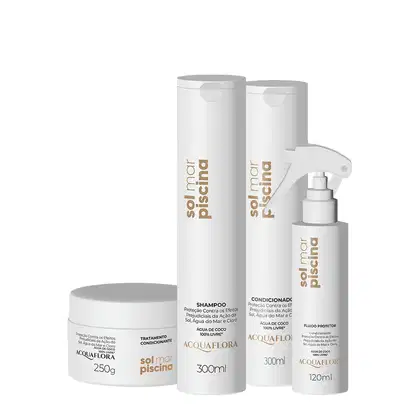 Produtos Acquaflora: shampoo, condicionador e fluido protetor em embalagens brancas com detalhes dourados, apresentando informações sobre os ingredientes e benefícios dos produtos.