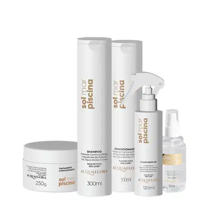 Produtos de cuidados com a pele e cabelos da marca Acquaflora, incluindo shampoo, condicionador, óleo protetor e fluido protetor, em embalagens brancas com detalhes em dourado.