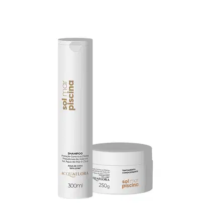 Conjunto de produtos Acquaflora para piscina, incluindo um frasco de shampoo de 300ml e um pote de tratamento condicionante de 250g, com embalagens brancas e detalhes em dourado.