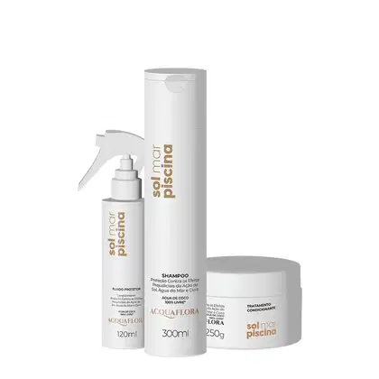 Produtos Acquaflora: shampoo de 300ml, condicionador de 250g e fluido protetor de 120ml, em embalagens brancas com detalhes em dourado, exibindo o nome da marca e informações sobre os produtos.